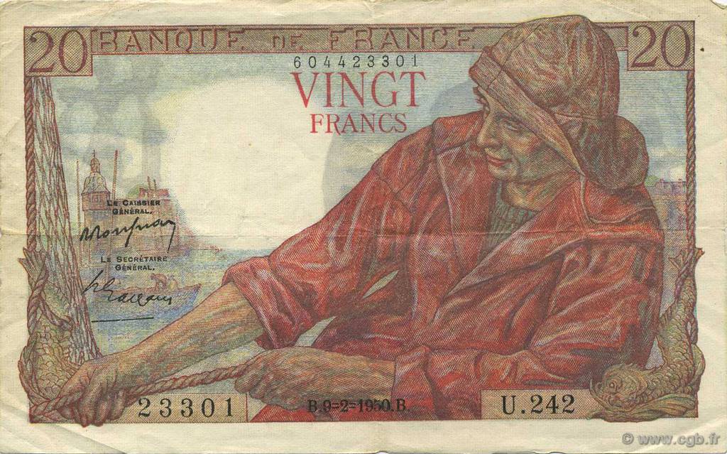 20 Francs PÊCHEUR FRANKREICH  1950 F.13.17 SS