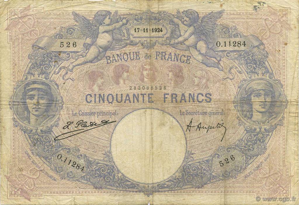 50 Francs BLEU ET ROSE FRANCE  1924 F.14.37 VG