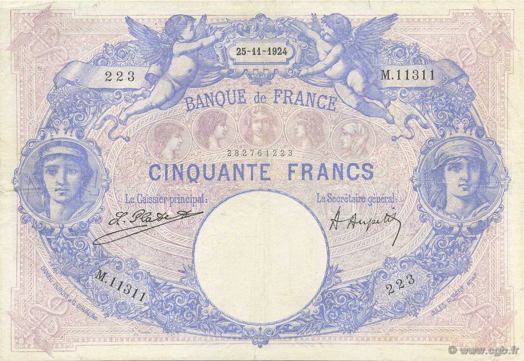 50 Francs BLEU ET ROSE FRANCE  1924 F.14.37 F+