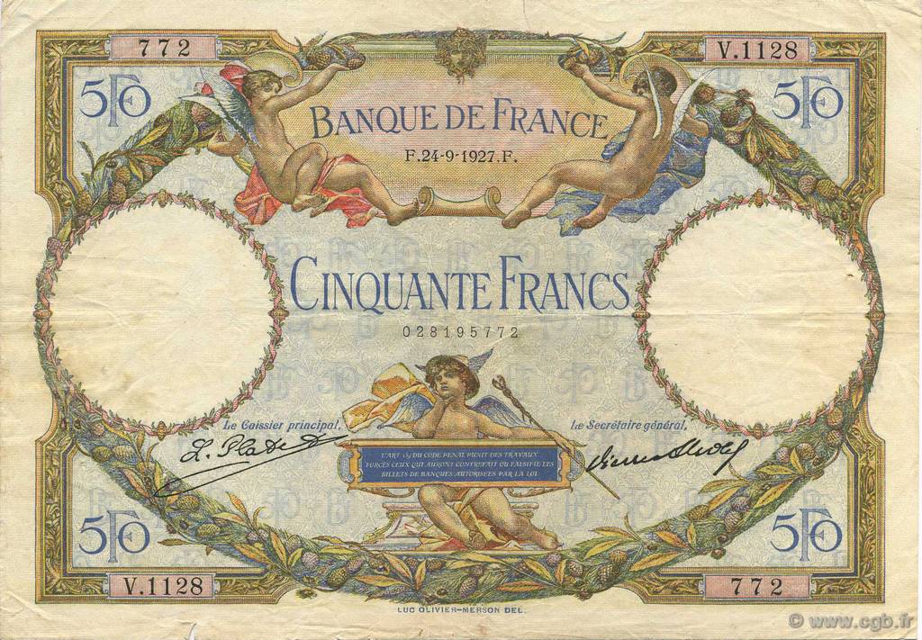 50 Francs LUC OLIVIER MERSON FRANCE  1927 F.15.01 F - VF
