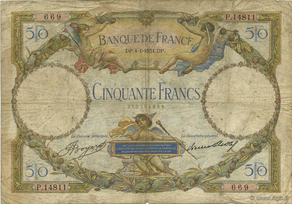 50 Francs LUC OLIVIER MERSON type modifié FRANCIA  1934 F.16.05 B