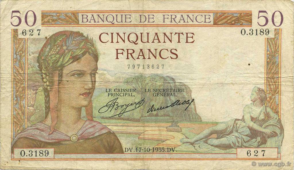 50 Francs CÉRÈS FRANKREICH  1935 F.17.18 SS