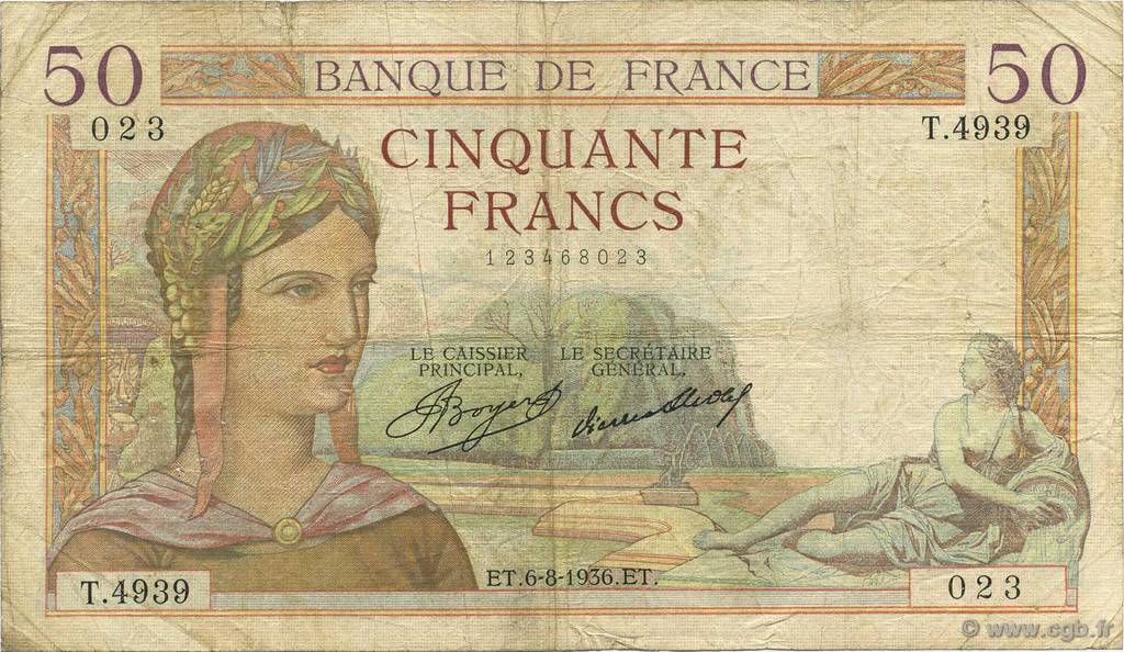50 Francs CÉRÈS FRANKREICH  1936 F.17.29 S