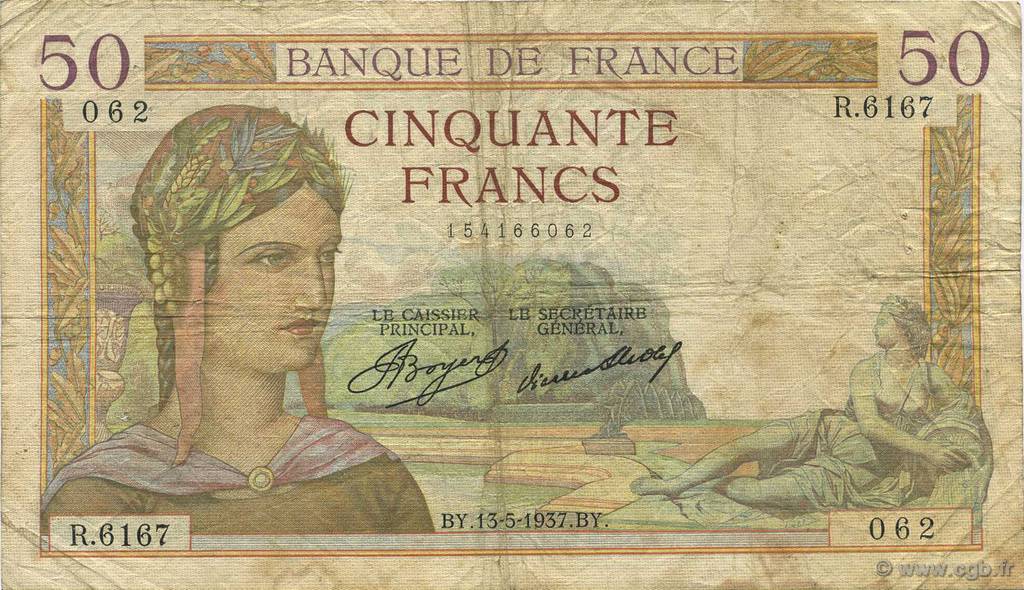 50 Francs CÉRÈS FRANCIA  1937 F.17.38 BC