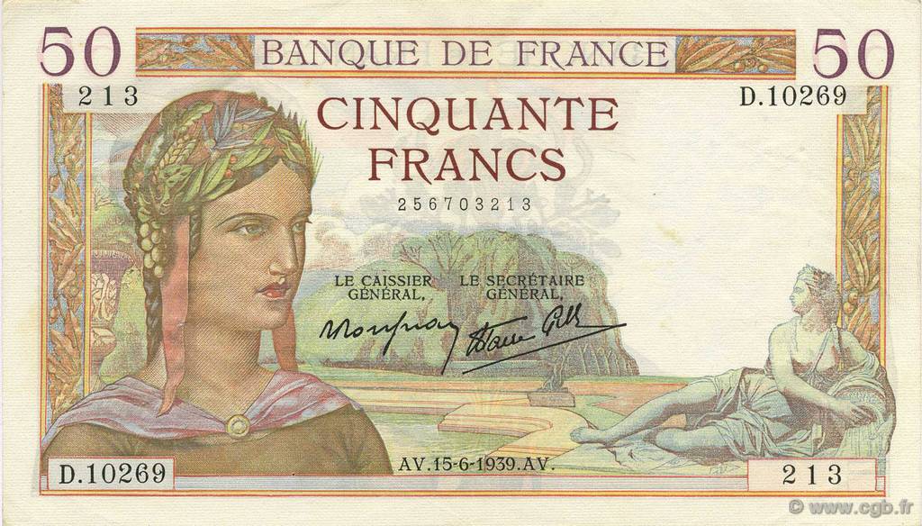 50 Francs CÉRÈS modifié FRANCE  1939 F.18.26 VF+