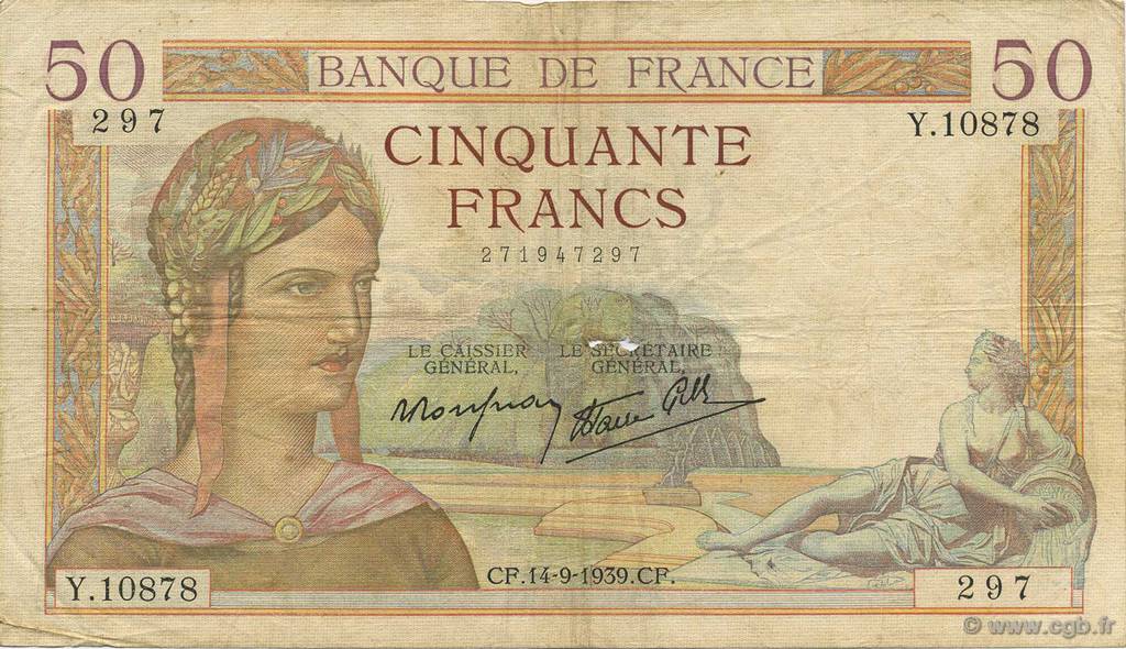 50 Francs CÉRÈS modifié FRANCIA  1939 F.18.30 MB