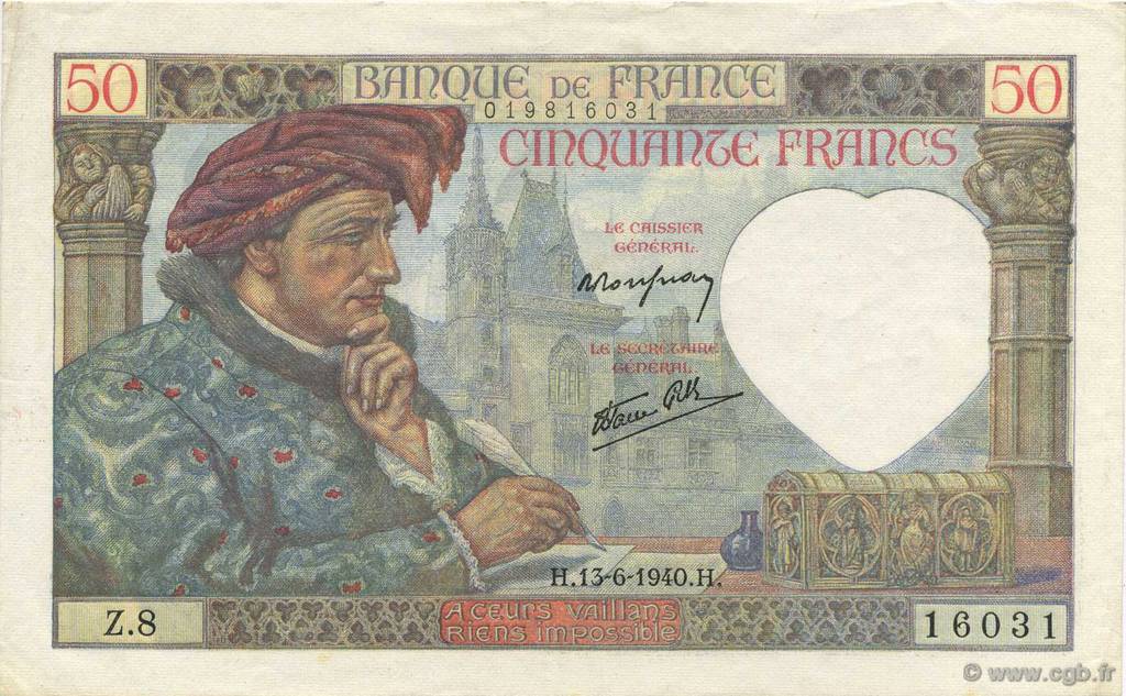 50 Francs JACQUES CŒUR FRANCIA  1940 F.19.01 SPL