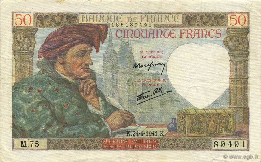 50 Francs JACQUES CŒUR FRANKREICH  1941 F.19.09 SS