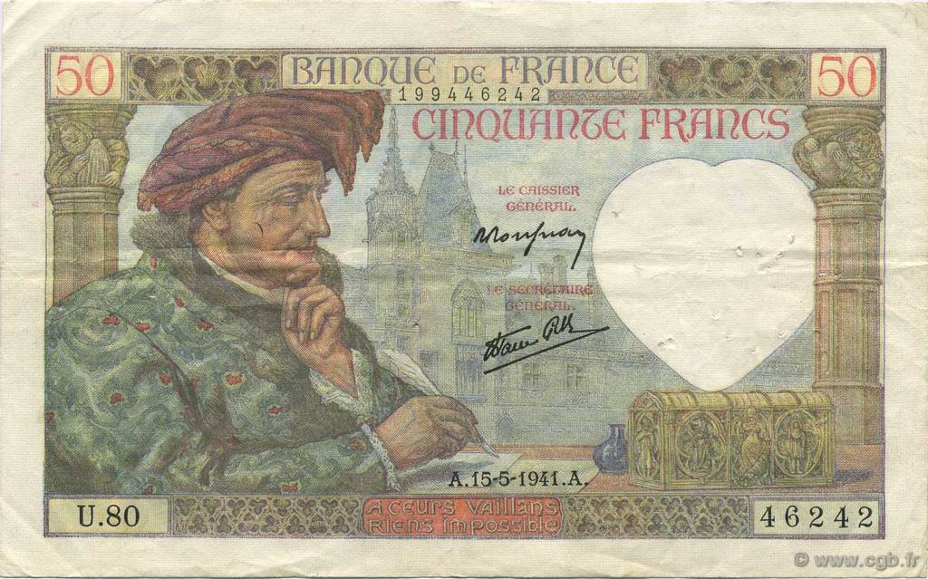 50 Francs JACQUES CŒUR FRANCE  1941 F.19.11 VF