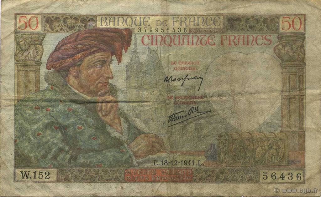 50 Francs JACQUES CŒUR FRANCE  1941 F.19.17 G