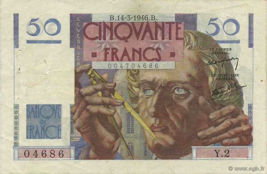 50 Francs LE VERRIER FRANKREICH  1946 F.20.01 fVZ