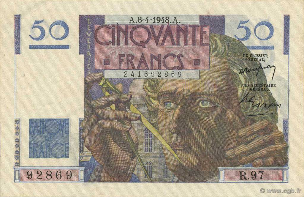 50 Francs LE VERRIER FRANKREICH  1948 F.20.10 VZ to fST