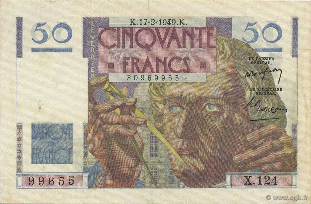 50 Francs LE VERRIER FRANCIA  1949 F.20.11 q.SPL