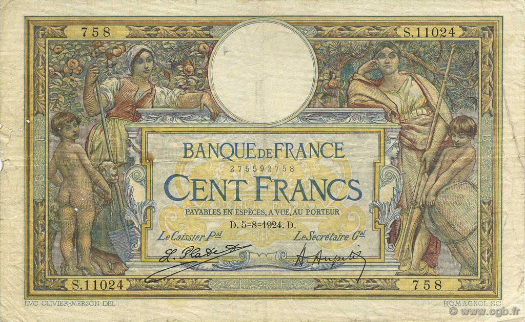 100 Francs LUC OLIVIER MERSON grands cartouches FRANCIA  1924 F.24.02 B