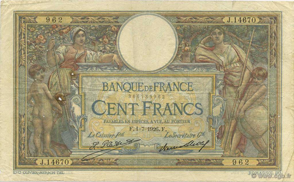 100 Francs LUC OLIVIER MERSON grands cartouches FRANCE  1926 F.24.05 pr.TB