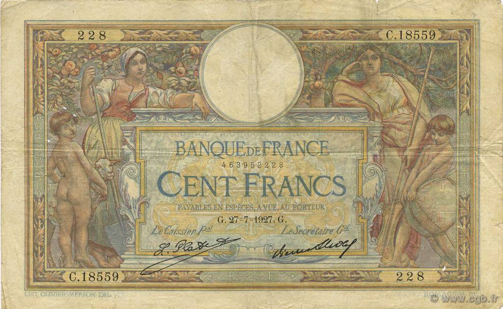 100 Francs LUC OLIVIER MERSON grands cartouches FRANCE  1927 F.24.06 VG