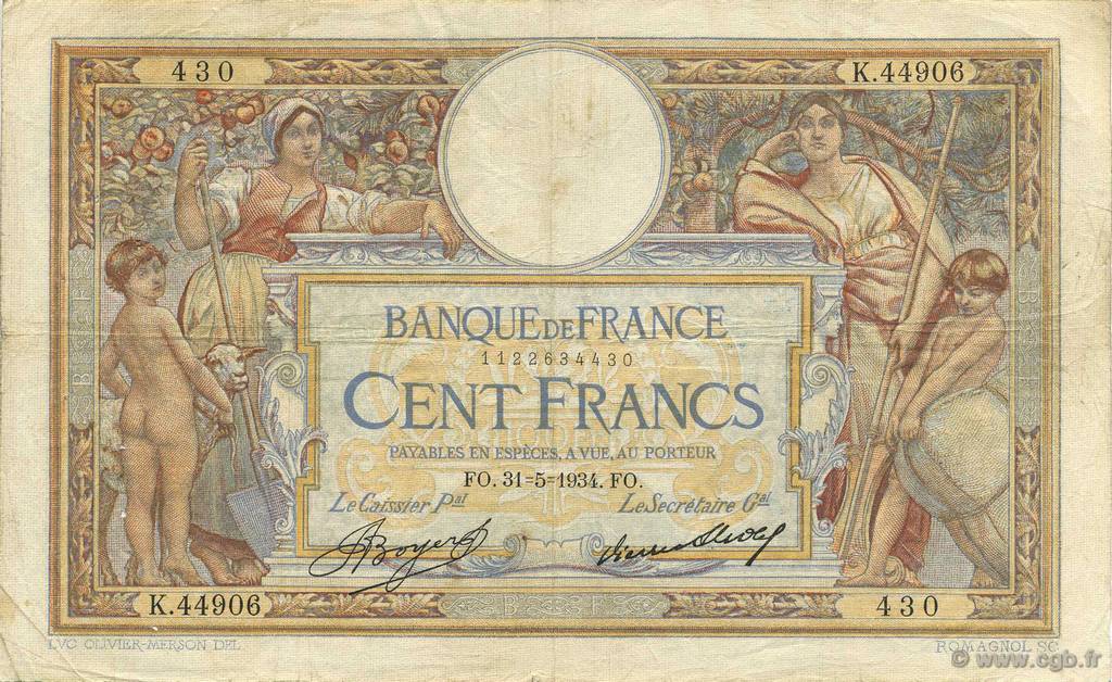 100 Francs LUC OLIVIER MERSON grands cartouches FRANKREICH  1934 F.24.13 S