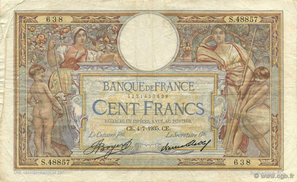 100 Francs LUC OLIVIER MERSON grands cartouches FRANCE  1935 F.24.14 TB