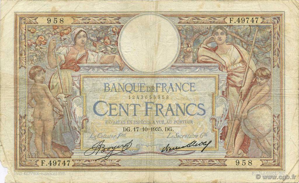 100 Francs LUC OLIVIER MERSON grands cartouches FRANCIA  1935 F.24.14 B