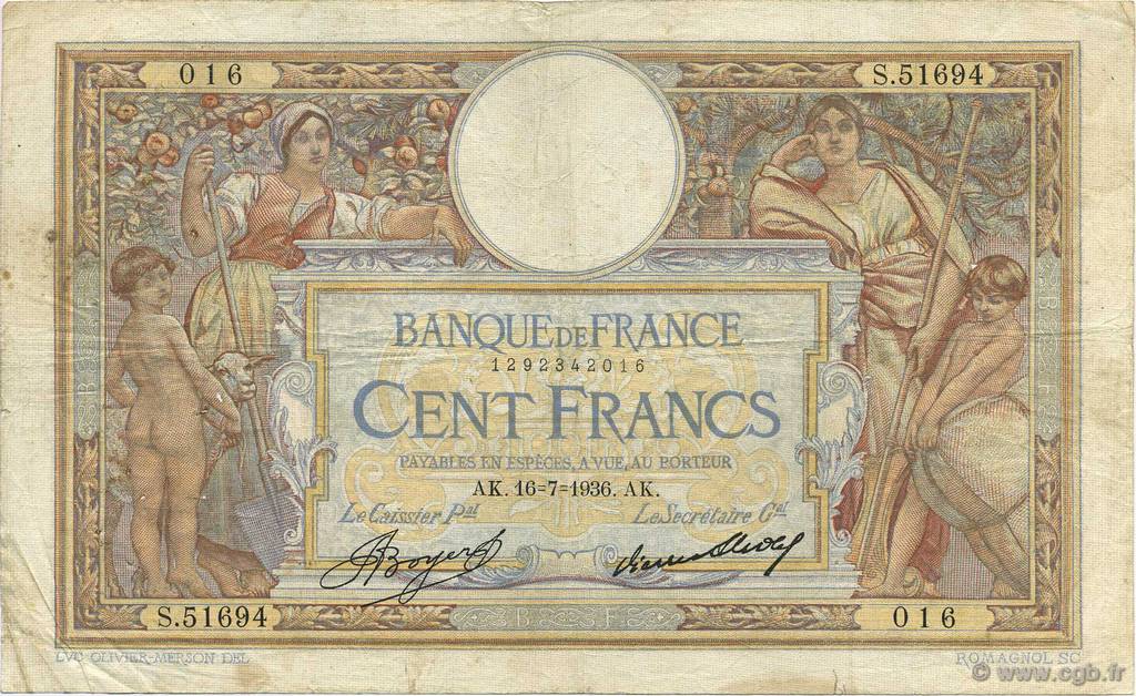 100 Francs LUC OLIVIER MERSON grands cartouches FRANKREICH  1936 F.24.15 fS
