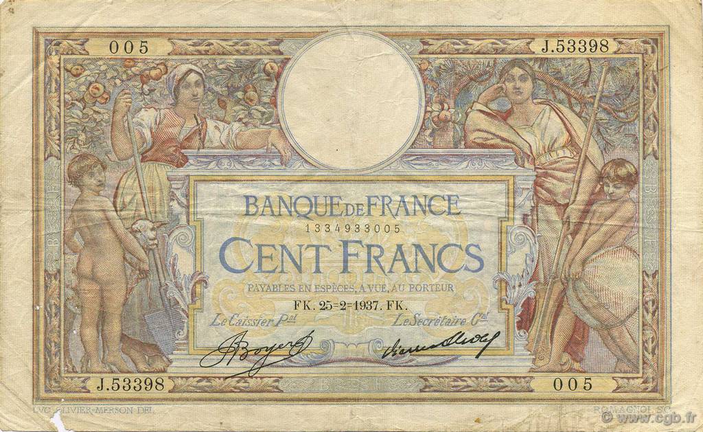 100 Francs LUC OLIVIER MERSON grands cartouches FRANKREICH  1937 F.24.16 fS