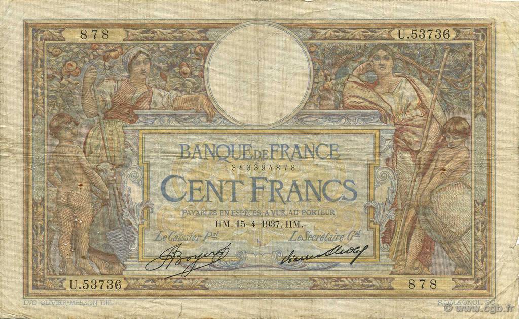 100 Francs LUC OLIVIER MERSON grands cartouches FRANKREICH  1937 F.24.16 SGE