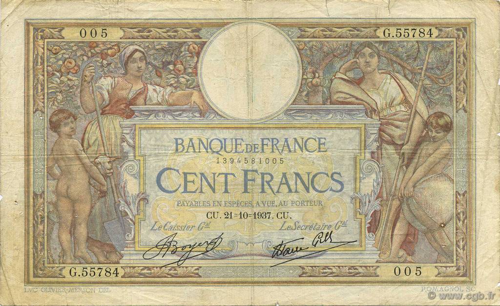 100 Francs LUC OLIVIER MERSON type modifié FRANCIA  1937 F.25.03 q.MB
