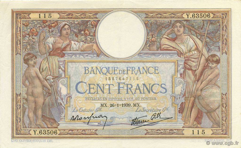 100 Francs LUC OLIVIER MERSON type modifié FRANCE  1939 F.25.40 SUP+