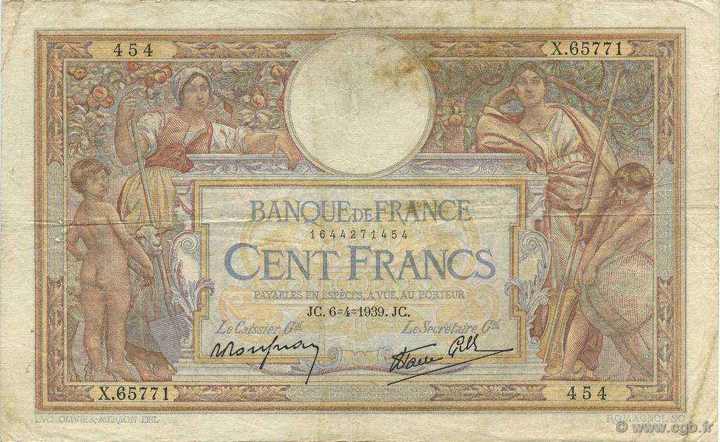 100 Francs LUC OLIVIER MERSON type modifié FRANCIA  1939 F.25.45 q.MB
