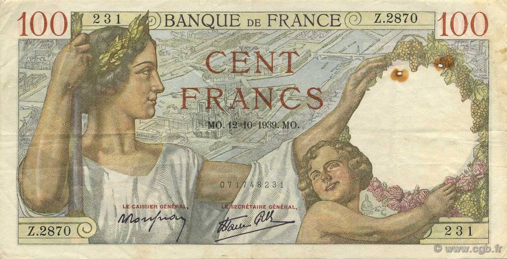 100 Francs SULLY FRANCE  1939 F.26.10 VF