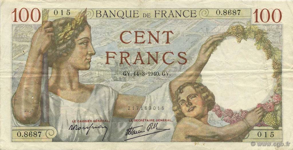 100 Francs SULLY FRANCE  1940 F.26.25 TTB