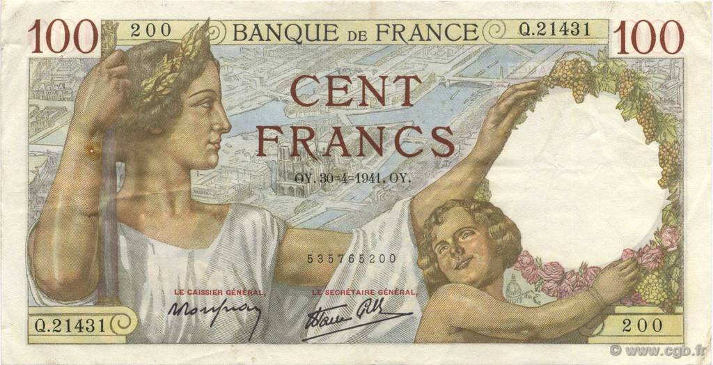 100 Francs SULLY FRANCE  1941 F.26.51 VF+