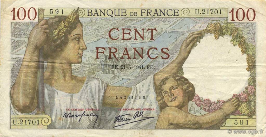 100 Francs SULLY FRANCIA  1941 F.26.52 MBC
