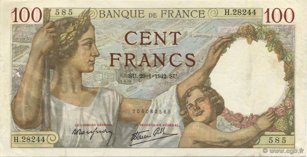 100 Francs SULLY FRANCE  1942 F.26.65 VF