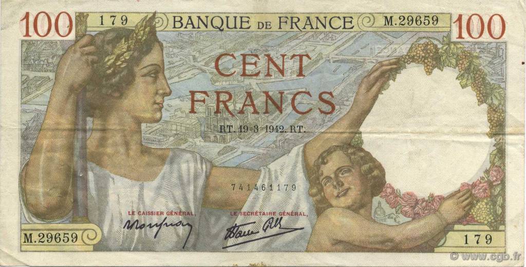 100 Francs SULLY FRANCE  1942 F.26.68 TTB