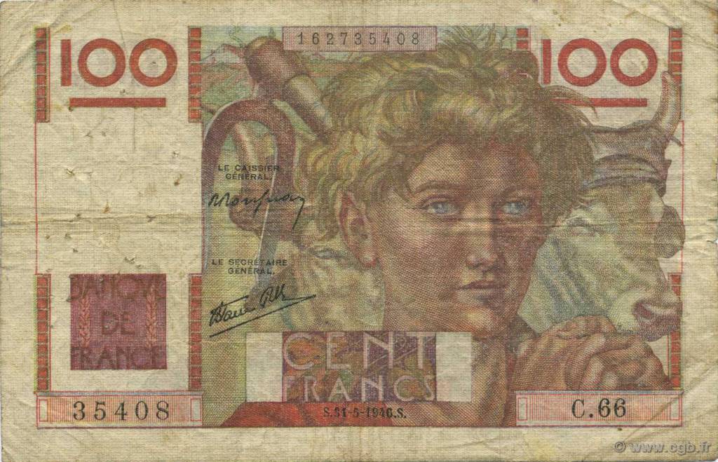 100 Francs JEUNE PAYSAN FRANKREICH  1946 F.28.05 SGE