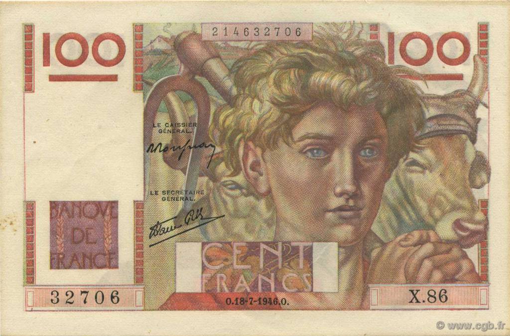 100 Francs JEUNE PAYSAN FRANKREICH  1946 F.28.07 VZ+