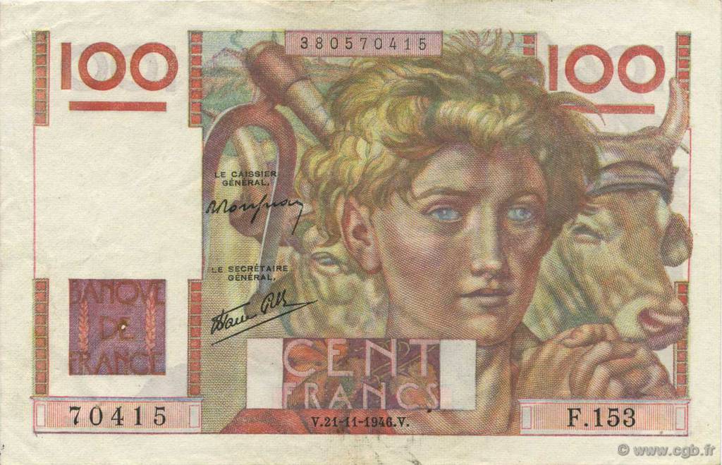 100 Francs JEUNE PAYSAN FRANCIA  1946 F.28.11 MBC+
