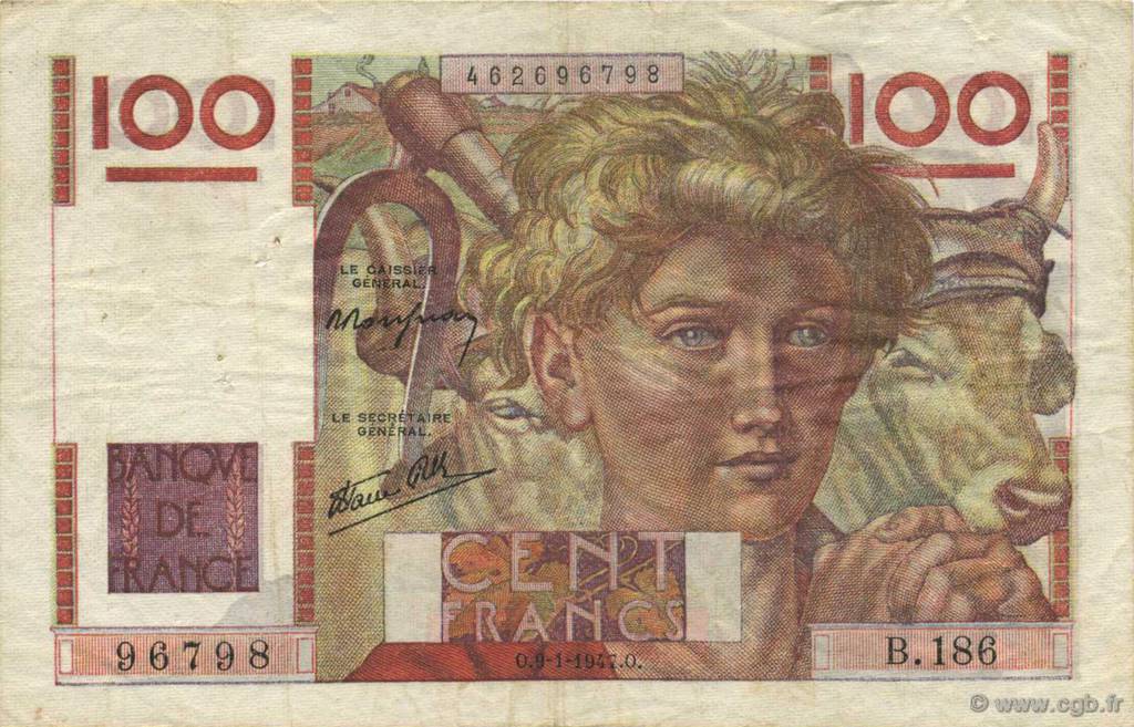 100 Francs JEUNE PAYSAN FRANCE  1947 F.28.13 VF