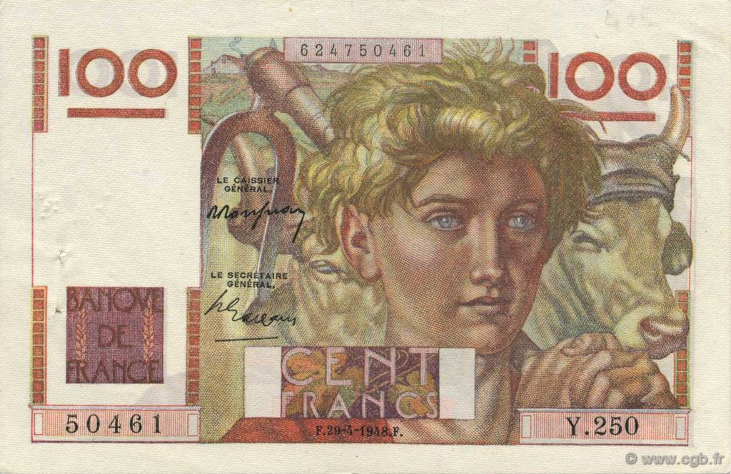 100 Francs JEUNE PAYSAN FRANCE  1948 F.28.18 XF