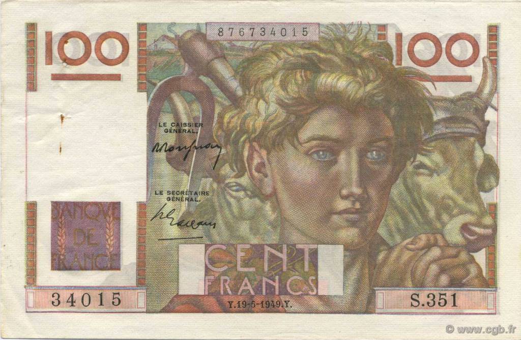 100 Francs JEUNE PAYSAN FRANCIA  1949 F.28.24 EBC