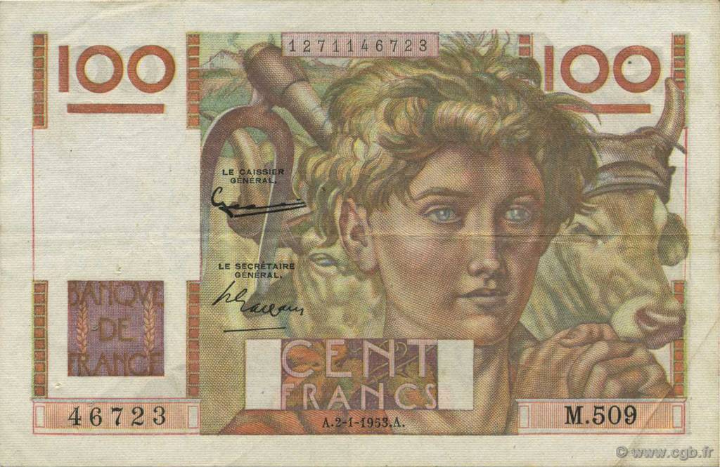 100 Francs JEUNE PAYSAN FRANCIA  1953 F.28.35 MBC