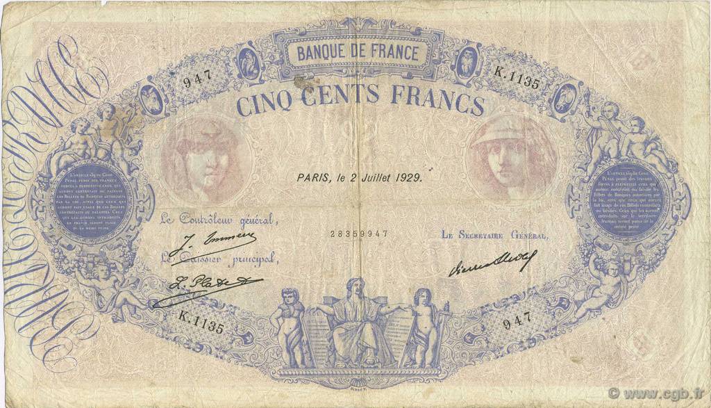 500 Francs BLEU ET ROSE FRANCE  1929 F.30.32 TB