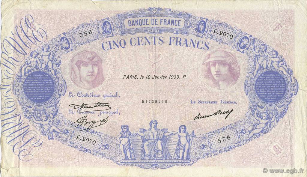 500 Francs BLEU ET ROSE FRANCIA  1933 F.30.36 q.BB