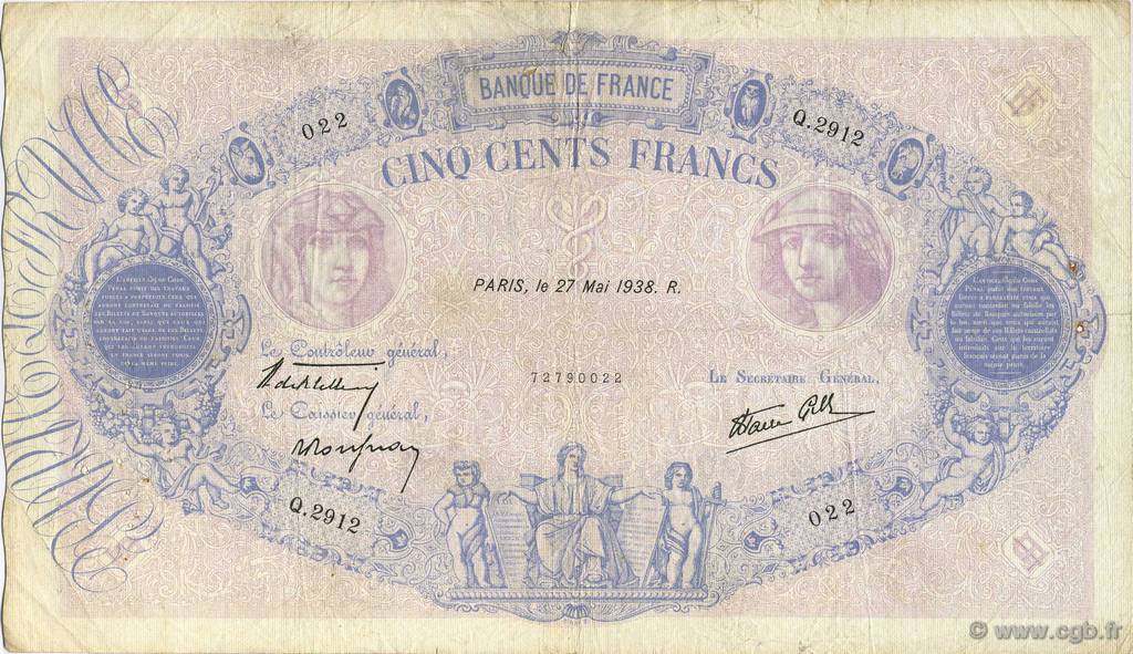 500 Francs BLEU ET ROSE modifié FRANKREICH  1938 F.31.12 S