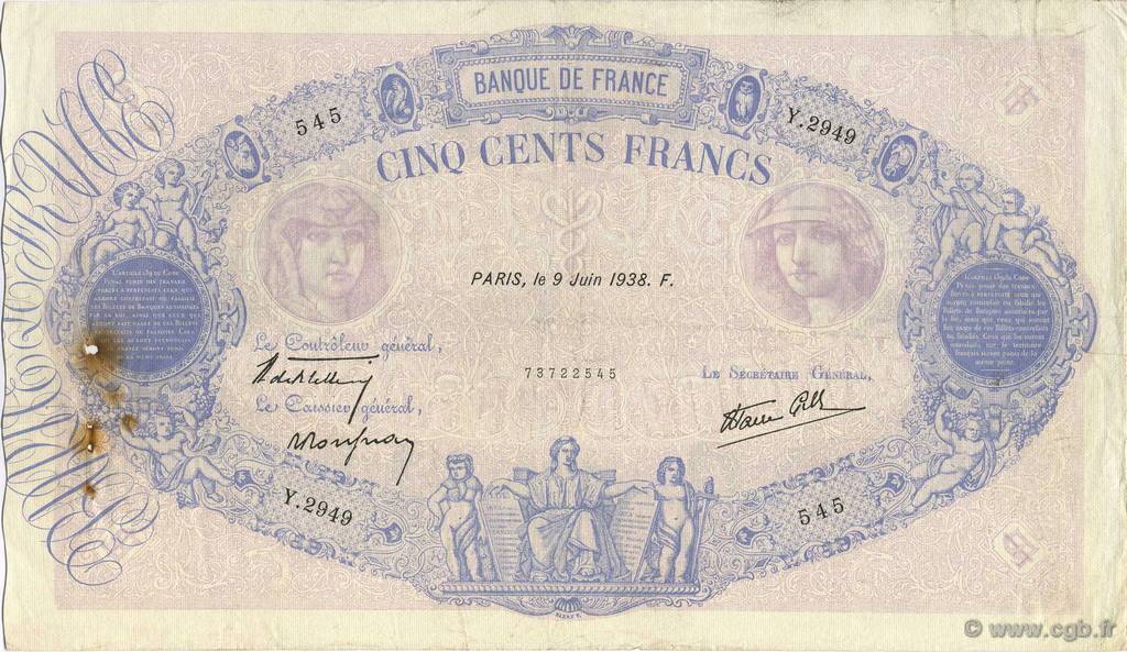 500 Francs BLEU ET ROSE modifié FRANCE  1938 F.31.14 F+