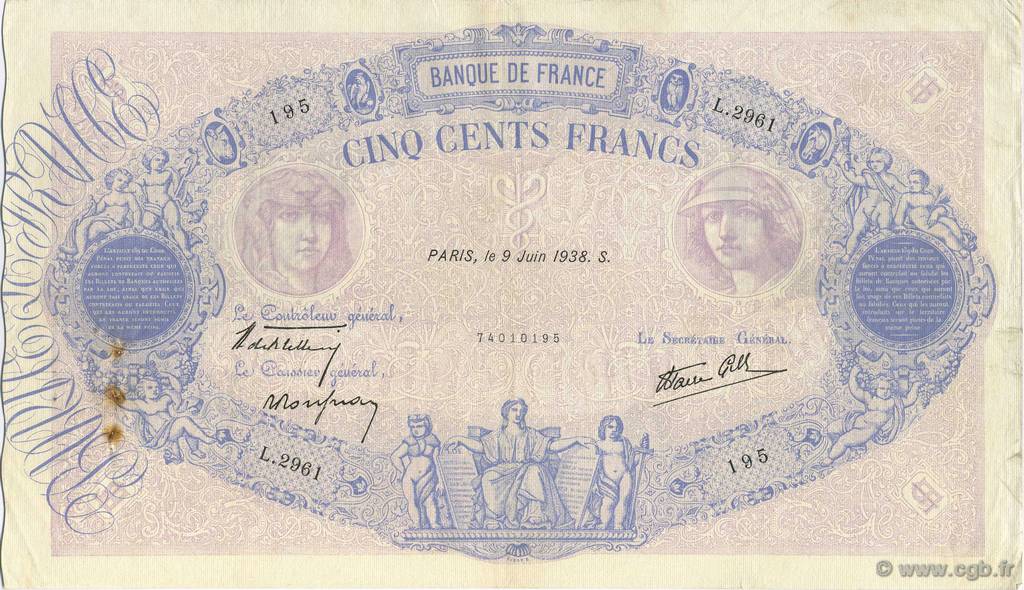 500 Francs BLEU ET ROSE modifié FRANCIA  1938 F.31.14 MBC