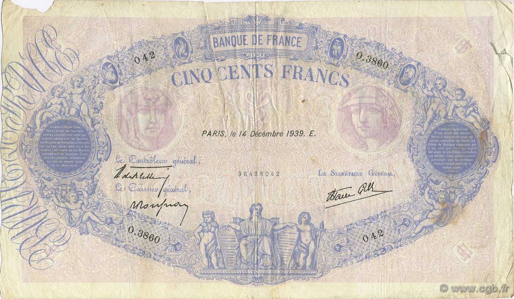 500 Francs BLEU ET ROSE modifié FRANCE  1939 F.31.52 F