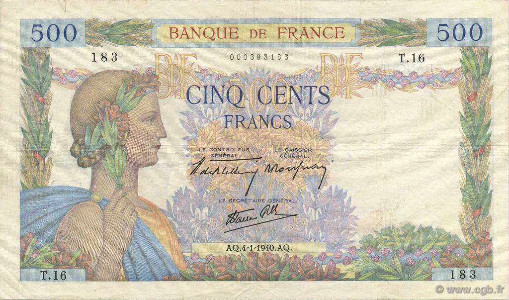 500 Francs LA PAIX FRANCE  1940 F.32.01 TTB
