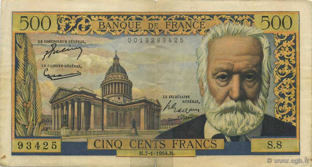 500 Francs VICTOR HUGO FRANCIA  1954 F.35.01 MBC